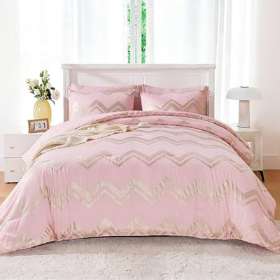 Wowelife Queen Comforter Set for Girls, Gold Glitter Foil Queen Bedding Comforter Set for Kids, 7 Pieces Bed Set for All Seasons, Teen Girl Bedroom Sets with 2 Pillow Shams and 2 Pillowcases