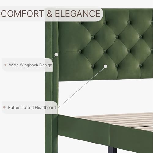 KISLOT Full Size Bed Frame, Velvet Upholstered Platform Bed Mattress Foundation, with Vertical Channel Tufted Wingback Headboard, Strong Wood Slat, No Box Spring Needed, Green KISLOT