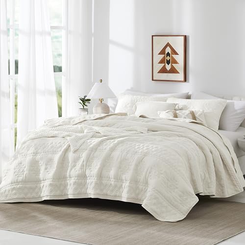 WDCOZY Boho Ivory Twin Quit Size Bedding Sets with 1 Pillow Sham, Cream White Farmhouse Lightweight Soft Bedspread Coverlet for All Season, 2 Pieces, 68x90 inches WDCOZY