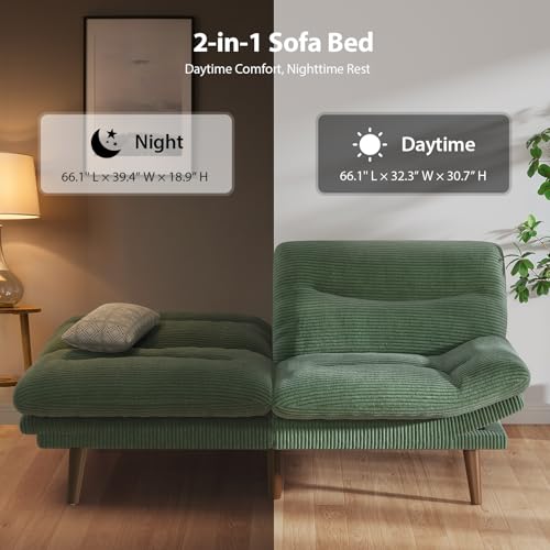 PERLECARE Convertible Futon Sofa Bed, 66" Corduroy Futon Couch with Adjustable Backrest and Armrests, 3-in-1Recliner Sleeper Sofa for Small Spaces, Play Room,Living Room or Office（66 in,Green） PERLECARE