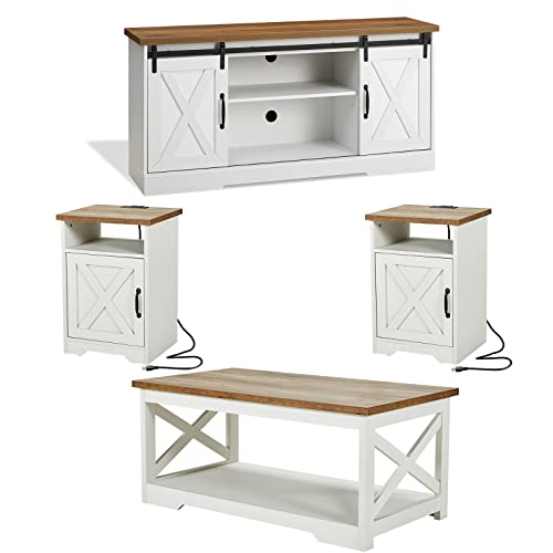 AMERLIFE 4-Piece Farmhouse Table Set Includes Sliding Barn Door TV Stand, Coffee Table& Two End Tables, Side Table with Charging Station and USB Ports, for Living Room, Bedroom, Distressed White, 66" AMERLIFE