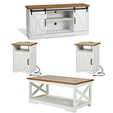 AMERLIFE 4-Piece Farmhouse Table Set Includes Sliding Barn Door TV Stand, Coffee Table& Two End Tables, Side Table with Charging Station and USB Ports, for Living Room, Bedroom, Distressed White, 66" AMERLIFE
