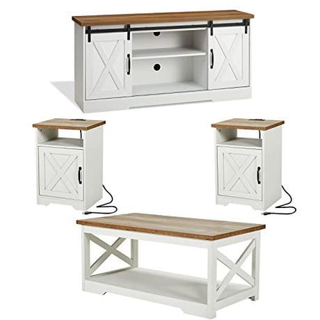 AMERLIFE 4-Piece Farmhouse Table Set Includes Sliding Barn Door TV Stand, Coffee Table& Two End Tables, Side Table with Charging Station and USB Ports, for Living Room, Bedroom, Distressed White, 66" AMERLIFE