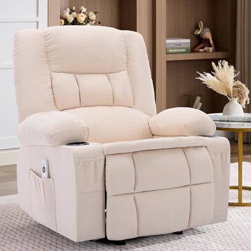 Rocker Recliner Chair with Massage and Heat, Nursery Rocking Chairs for Living Room, Recliner Chair for Adults, Ergonomic Comfy Relining Chair with Cup Holders, USB Charge Port, Side Pockets, Beige