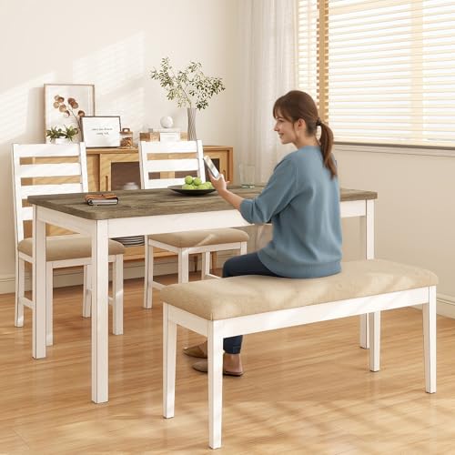 ROCSUMOO Farmhouse Dining Table Set for 6 Person, 59" Kitchen Table Set with 6 Upholstered Chairs, White Rectangular Dinner Room Table & Chairs Set Rustic Wood Stable (6 Chairs) ROCSUMOO