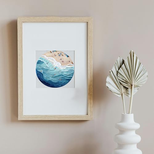 FONNUY Beach Ocean Embroidery Kit, Cross Stitch Kits for Beginners, Handmade Crafts with Printed Patterns for Beginner Adults, Easy to Follow Color Thread Needlework, 8'' Hoop (Ocean)