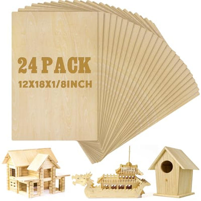 Juexica 24 Pcs 12" X 18"x 1/8" Basswood Craft Sheets 3mm Plywood Board Wood Thin Sheets for Arts Crafts Woodworking Scroll Sawing Projects Painting Drawing Laser Cutting Projects