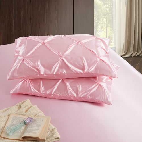 P Pothuiny 3-Piece Set Pintuck Satin Pillowcases & Twin Fitted Sheet, Blush Pink Satin Sheet Silky Soft Luxury Romantic Pinch Pleated Bedding Bedroom Dorm Decor, 15 Inch Deep Pocket P Pothuiny