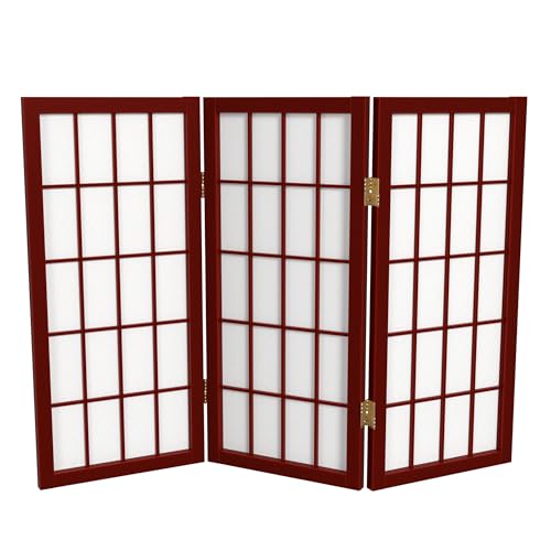 2 ft. Short Desktop Window Pane Shoji Screen - Rosewood - 3 Panels Red Lantern
