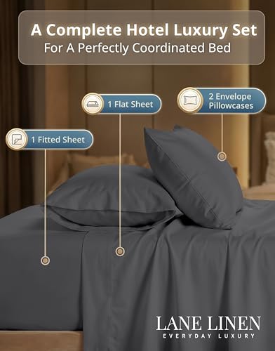 LANE LINEN 100% Cotton Sheets Full Size - Premium 600 Thread Count Sateen Weave for A Silky Feel - Extra Breathable & Cozy for Year Round Comfort - Fits Matresses Upto 15'' Deep - Charcoal LANE LINEN