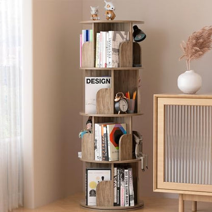 GOOFCXO 4-Tier 360° Rotating Bookshelf - Oak Floor-Standing Storage Rack for Home & Office - WoodArtSupply