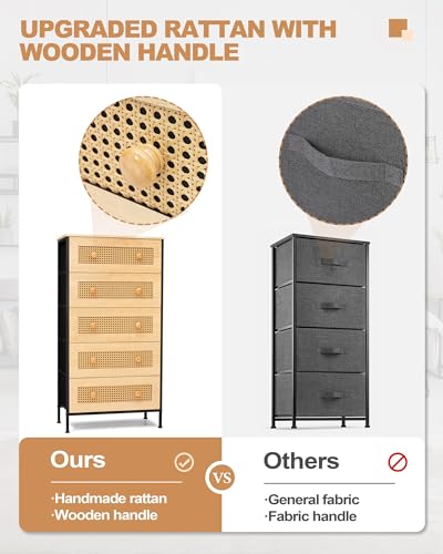 Crestlive Products Rattan Dresser Storage Tower, Tall Fabric Dresser, Chests of Drawers, Wood Top &Wood Handles - Organizer Unit for Bedroom, Hallway, Entryway, Closets - 5 Drawers (Natural) Crestlive Products