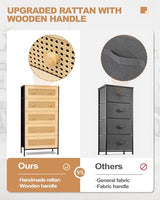 Crestlive Products Rattan Dresser Storage Tower, Tall Fabric Dresser, Chests of Drawers, Wood Top &Wood Handles - Organizer Unit for Bedroom, Hallway, Entryway, Closets - 5 Drawers (Natural) Crestlive Products