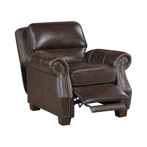 Lexicon Push Back Reclining Chair, Top Grain Leather Match Push Back Recliner Chair with Nailhead Trim, Rolled Arms, Solid Wood Legs, for Living Room/Apartment/Office, Easy Assembly, Brown