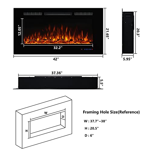 Dreamflame Electric Fireplace 42inches, Wall-Mounted & Recessed Fireplace Inserts, Multicolor Flame w/5 Dimmer, Remote Control Thermostat, Timer, Overheating Protection, Hardwire Connect, 1500W,Black Dreamflame