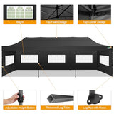 COBIZI 10x30 Pop up Canopy Tent 10x30 Canopy with 8 Sidewalls Waterproof Heavy Duty Commercial Tent for Parties Outdoor Garden Gazebo, Carry Bag with Wheel(10x30ft, Black) COBIZI