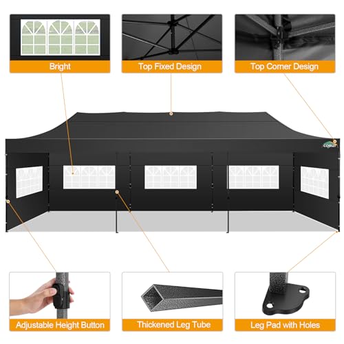 COBIZI 10x30 Pop up Canopy Tent 10x30 Canopy with 8 Sidewalls Waterproof Heavy Duty Commercial Canopy Tent for Parties Outdoor Tent Garden Gazebo Tent, Carry Bag with Wheel(10x30ft,Black) COBIZI