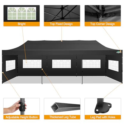 COBIZI 10x30 Pop up Canopy Tent 10x30 Canopy with 8 Sidewalls Waterproof Heavy Duty Commercial Canopy Tent for Parties Outdoor Tent Garden Gazebo Tent, Carry Bag with Wheel(10x30ft,Black)