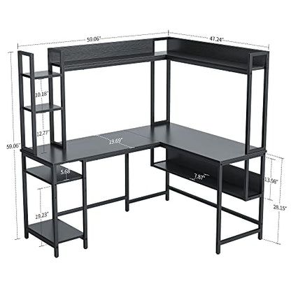 CubiCubi 60" L Shaped Gaming Desk with Hutch and Storage Shelves in Black - WoodArtSupply