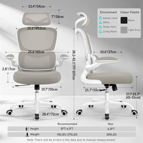 BESTFAIR High Back Ergonomic Office Chair, Breathable Mesh Desk Chair with Lumbar Support, Adjustable Headrest, Flip-up Armrests, Computer Gaming Chair, (LightGray, 1Pack) BESTFAIR