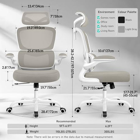 BESTFAIR High Back Ergonomic Office Chair, Breathable Mesh Desk Chair with Lumbar Support, Adjustable Headrest, Flip-up Armrests, Computer Gaming Chair, (LightGray, 1Pack) BESTFAIR