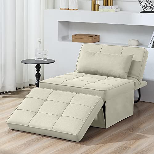 BIGSYY Sofa Bed, Set of 4 in 1 Multi-Function Folding Ottoman Breathable Linen Couch Bed with Adjustable Backrest Modern Convertible Chair for Living Room Apartment Office, White BIGSYY