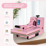 15x15 Heat Press Machine with Slide-Out Platen, T-Shirt Heat Transfer Press for DTF & HTV Vinyl, 110V 1400W Digital Temp/Timer, Dual Support Arms, 0–400°F, Pink WUMSTOT