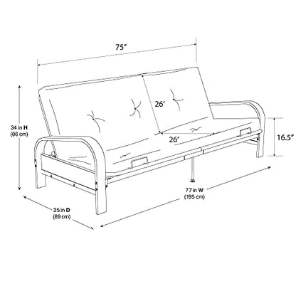 DHP Brax Black Metal Arm Full Size Futon Frame with 6" Thermobonded High Density Polyester Fill Army Green Futon Mattress