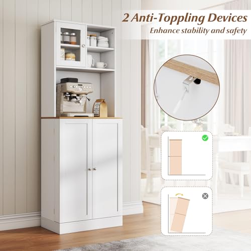 Giantex Kitchen Hutch Cabinet, 67" Tall Pantry Cabinet with Microwave Countertop, 8 Door Shelves & 5 Adjustable Shelves, Freestanding Cupboard with Glass Door for Living Room, Dining Room, White Giantex