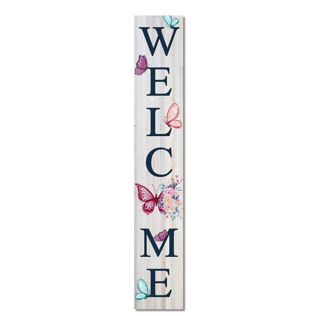 Ymaotrade Welcome Spring & Summer Flowers & Butterflies Porch Board 8”x48” Wood Welcome Standing Sign for Front Door Porch Indoor Outdoor Farmhouse Rustic Vertical Porch and Yard Decor Ymaotrade