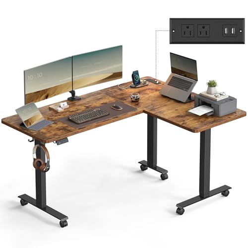 VASAGLE L Shaped Electric Standing Desk, 63 x 47.2 Inches, Height Adjustable Corner Desk with Power Outlets, 2 Memory Buttons, Easy to Assemble, for Home Office, Rustic Brown ULSD242K01 VASAGLE
