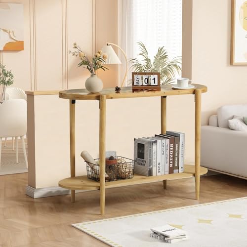 RUSTOWN Rattan Console Table, 2-Tier Boho Entryway Table with Tempered Glass Top and Wood Legs,Mid Century Modern Sofa Table for Hallway, Entryway, Living Room (Natural) RUSTOWN