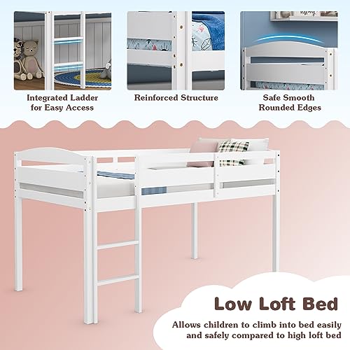 Giantex Twin Loft Bed with Ladder, Wood Low Profile Loft Bed with 30" Clearance & Safety Guard Rails, Space-Saving Loft Bed Frame for Kids Teens Junior, No Box Spring Needed, Kids Bed Frame, White Giantex