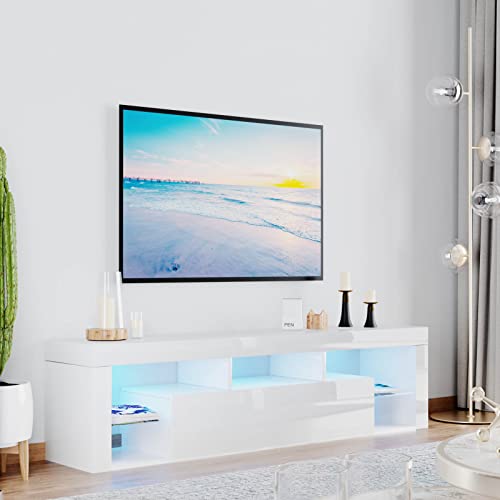 Floating TV Stand Wall Mounted - High Gloss Led Entertainment Center with Storage and Shelf, TV Stand for 65 Inch TV, Gaming Entertainment Center Console Table with Lights, White Gitua