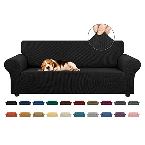 KEKUOU Stretch Sofa Cover Slipcover ，Couch Covers for 3 Cushion Couch Sofa pet Friendly (78"-94") Furniture Protector Sofa with Elastic Bottom for Kids,Dog, Jacquard Small Checked(Large,Black) KEKUOU