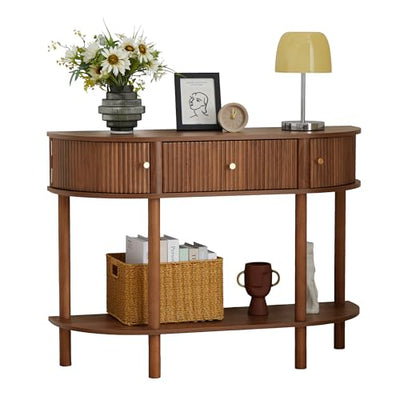 XUZENEST 43.3“ Fluted Half Moon Console Table, Modern Entryway Console Sofa Table with Storage, Narrow Wood Accent Tables Behind Couch Tables for Living Room, Hallway, Foyer(Walnut)