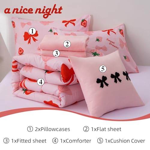 A Nice Night Red Bow Comforter Set,6 Piece Bed in a Bag Matching Sheet Set,Cute Ribbon Bowknot Bedding Sets,Princess Style Strawberry Printed,Light Pink Room Decor for Girls,Twin A Nice Night