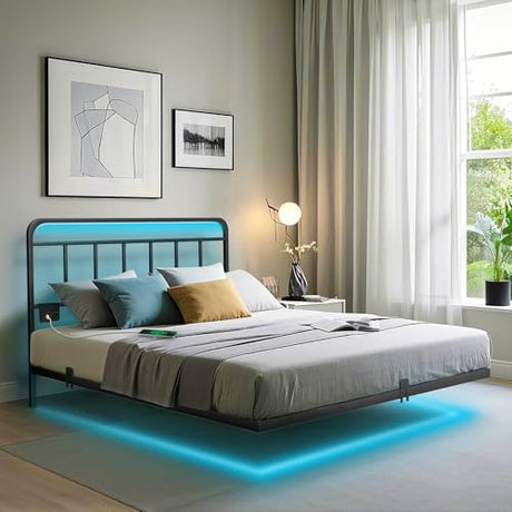 Domus Homeware Floating Full Size Platform Bed Frame with LED Lights & Charging Station - Includes Powered Screwdriver for Assembly, Mattress Fasteners & Corner Pads, Hardened Steel Domus Homeware