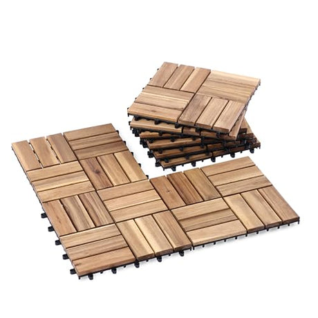 VICTORY RELAX Acacia Wood Flooring Interlocking Deck Tiles for Patio Decor 9 Pcs 12 Slats - Waterproof Indoor & Outdoor Decor - Balcony Garden Decking Tile (11,81 * 11,81 * 0,94 Inches) VICTORY RELAX