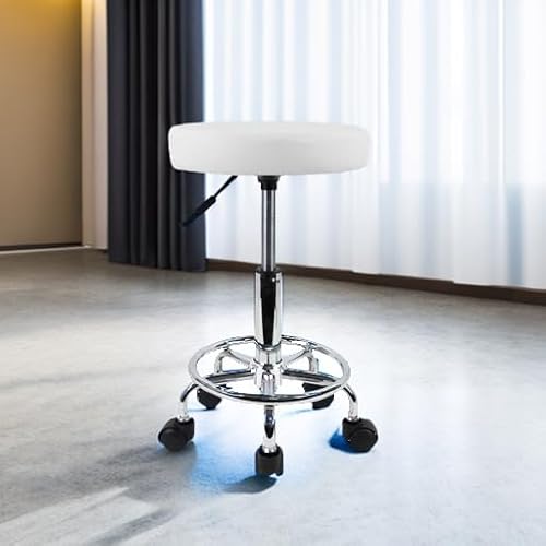 KKTONER PU Leather Round Rolling Stool with Foot Rest Swivel Height Adjustable Stool Spa Drafting Salon Tattoo Work Office Massage Task Chair White Small (White) KKTONER