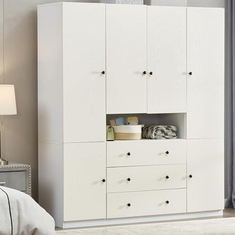 VivaVista Wooden Armoire Wardrobe Closet, 74" H Wardrobe Closet Cabinet with 4 Doors, White Bedroom Closet Wardrobe with Drawers & Shelves VivaVista