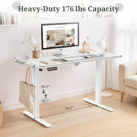 48 x 24 in Electric Standing Desk - Memory Height Adjustable Ergonomic Sit-to-Stand Rising Computer Table Gaming Workstations with 2 Hooks and Wire Hole for Home Office, White SageNest
