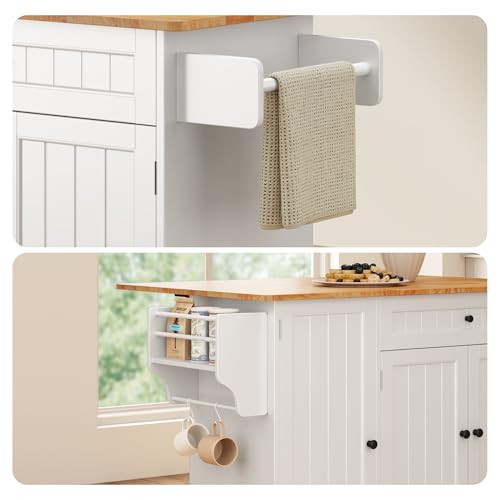 Ahomly White Kitchen Island with Drop Leaf, Spacious Storage, 5 Wheels, and Towel Bar Ahomly