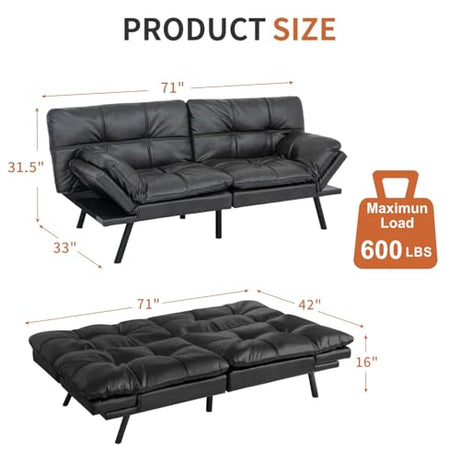 MUUEGM Memory Foam Futon Sofa Bed, Convertible Couch, Modern Loveseat Sleeper for Small Space, Apartment, Living Room - Adjustable Backrests and Armrests, Matte Black MUUEGM