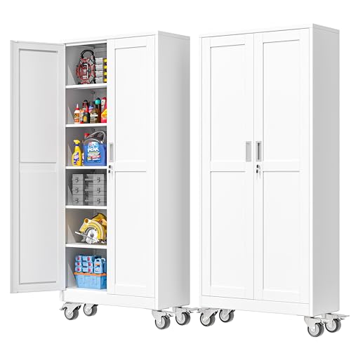 PAOFIN 75''H Metal Garage Storage Cabinet with Wheels,Steel File Cabinets with 2 Doors and 5 Adjustable Shelves for Home Office, Warehouse, Required Assembly,White PAOFIN