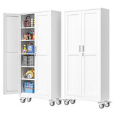 PAOFIN 75''H Metal Garage Storage Cabinet with Wheels,Steel File Cabinets with 2 Doors and 5 Adjustable Shelves for Home Office, Warehouse, Required Assembly,White PAOFIN