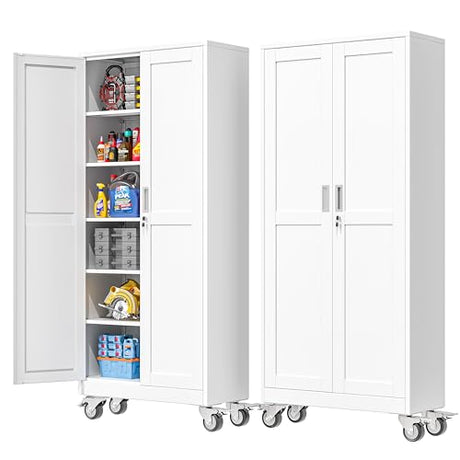 PAOFIN 75''H Metal Garage Storage Cabinet with Wheels,Steel File Cabinets with 2 Doors and 5 Adjustable Shelves for Home Office, Warehouse, Required Assembly,White PAOFIN