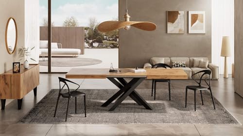 Mobili Fiver, Emma 160 Extendable Dining Table, Rustic Oak with Black Crossed Legs, Laminate-Finished/Iron, Made in Italy - WoodArtSupply