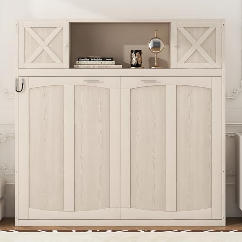 Merax Full Size Murphy Bed with Storage Cabinets, Rustic Solid Wood Wall Bed with 3 Cabinet Shelves, Space Saving Foldable Bed for Studio Apartment, Guest Room, Home Office, Beige Merax