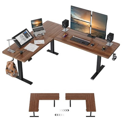 FEZIBO 63" x 55"L Shaped Standing Desk Adjustable Height, 63 Inch Electric Stand up Corner Computer Desk, Sit Stand Home Office Desk with Splice Board, Black Frame/Black Walnut Top